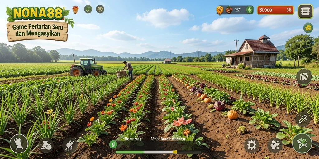 Screenshot gameplay NONA88 menunjukkan aktivitas bertani yang menyenangkan dan interaktif.