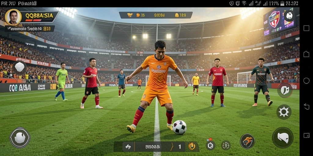 Tampilan gameplay nyata dari QQ88ASIA yang menampilkan aksi sepak bola.